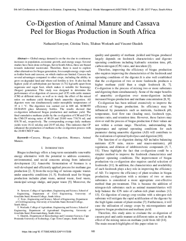 (PDF) Co-Digestion of Animal Manure and Cassava Peel for Biogas ...