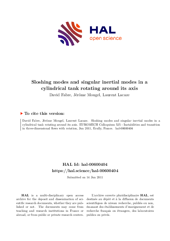 (PDF) Sloshing modes and singular inertial modes in a cylindrical tank ...