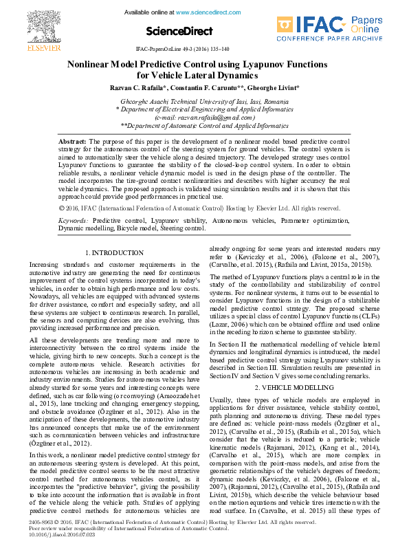 (PDF) Nonlinear Model Predictive Control using Lyapunov Functions for ...