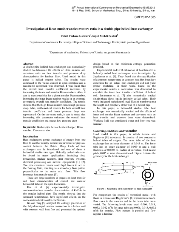 (PDF) Investigation of Dean number and curvature ratio in a double-pipe ...