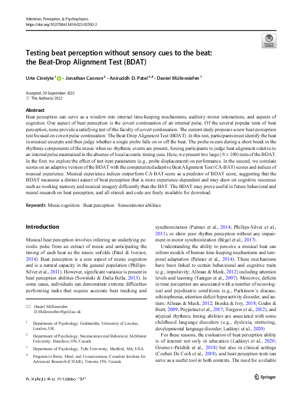 (PDF) Testing beat perception without sensory cues to the beat: the ...