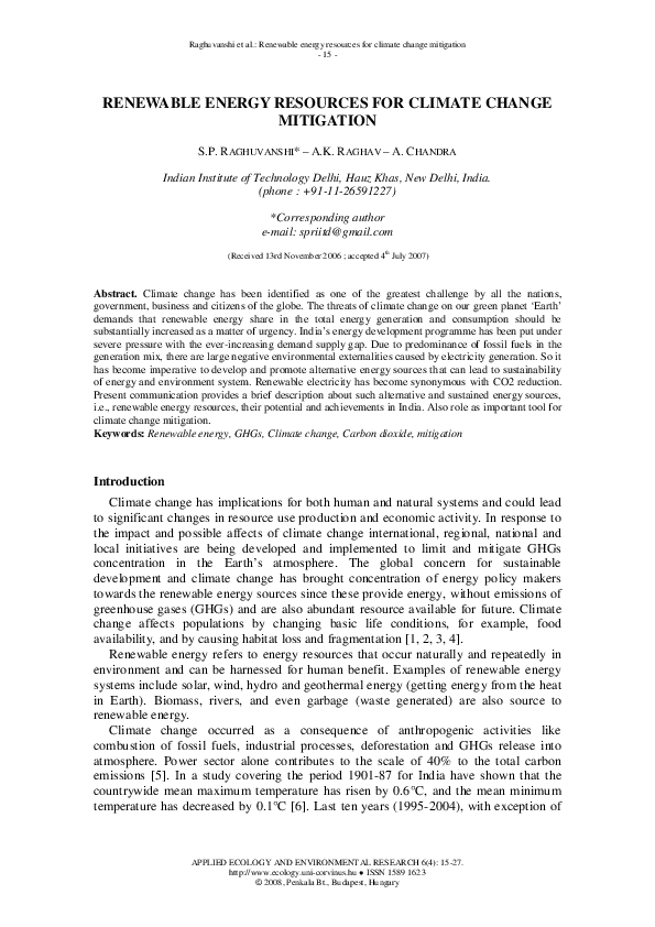 (PDF) Renewable Energy Resources for Climate Change Mitigation