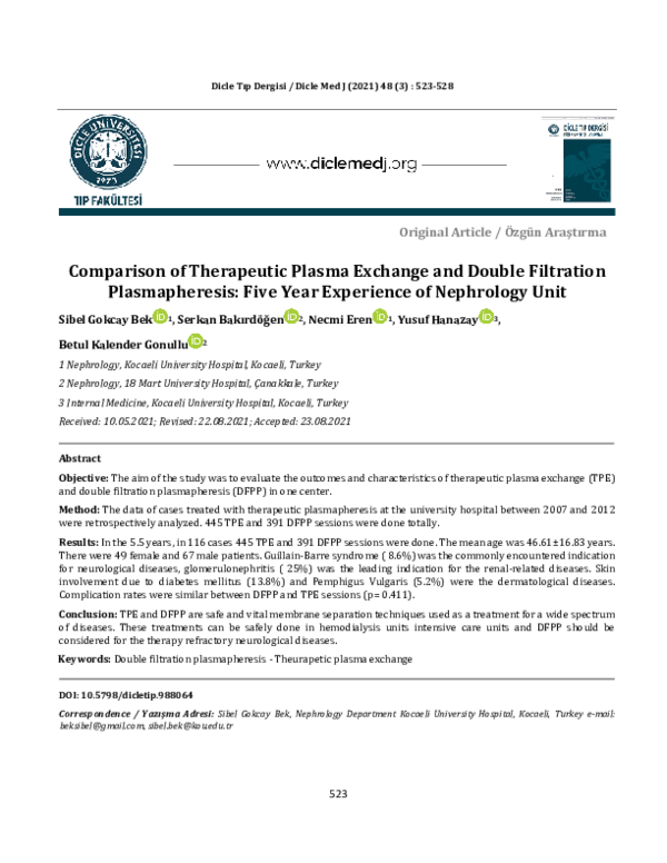 (PDF) Comparison of Therapeutic Plasma Exchange and Double Filtration ...