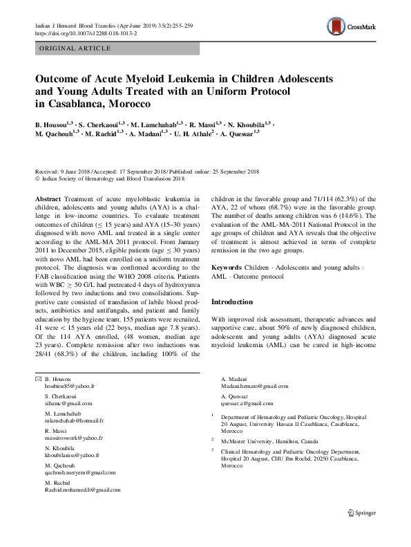 (PDF) Outcome of Acute Myeloid Leukemia in Children Adolescents and ...