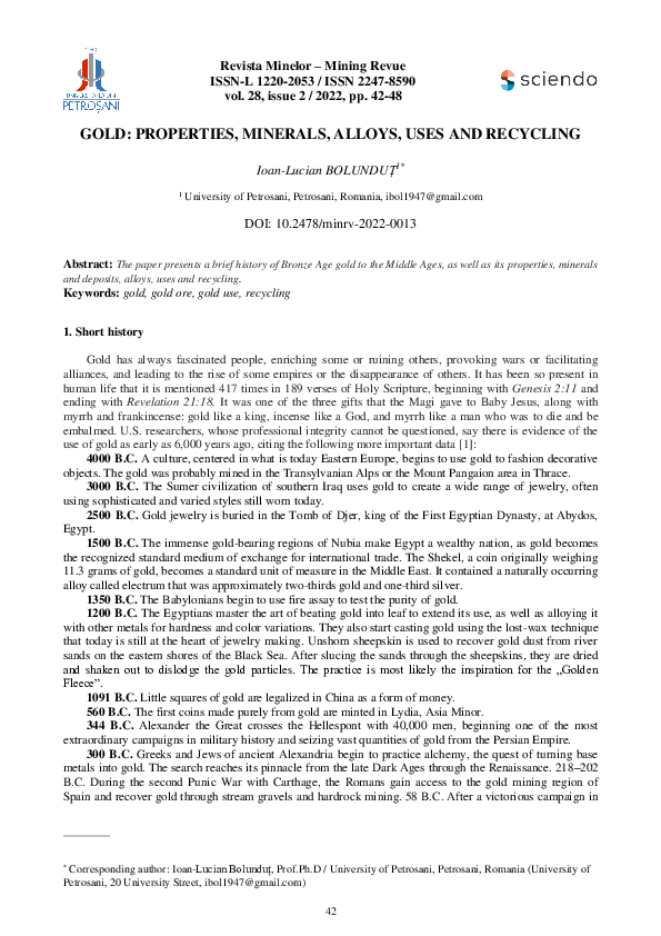 (PDF) Gold: Properties, Minerals, Alloys, Uses and Recycling