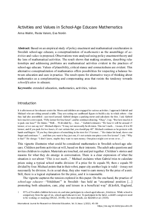 (PDF) Activities and Values in School-Age Educare Mathematics
