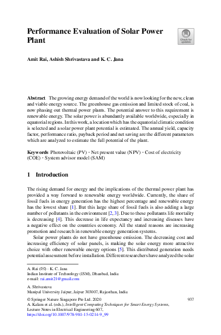 (PDF) Performance Evaluation of Solar Power Plant