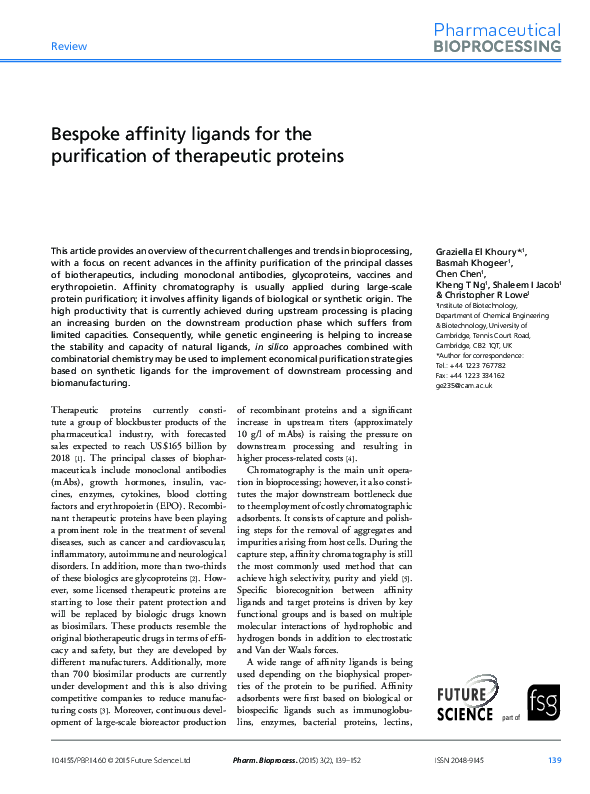 (PDF) Bespoke affinity ligands for the purification of therapeutic proteins
