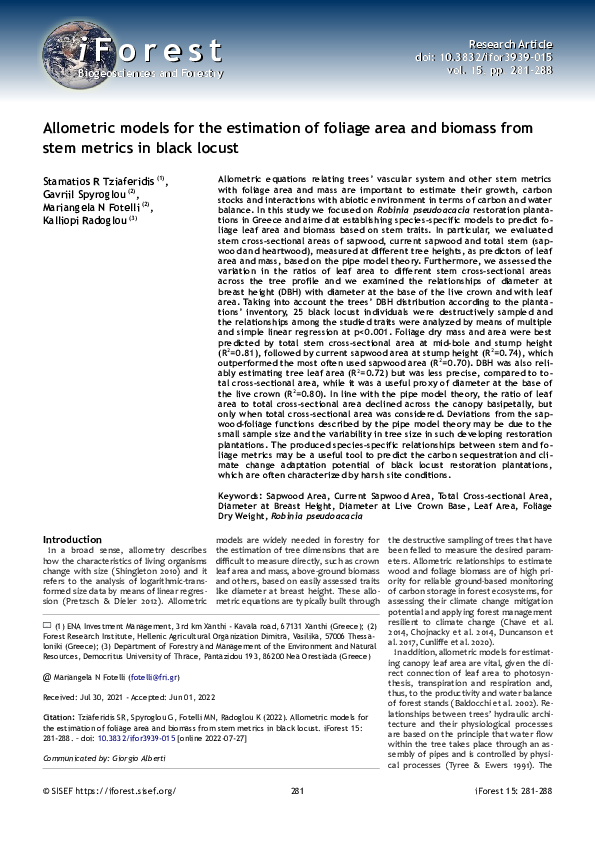 (PDF) Allometric models for the estimation of foliage area and biomass ...