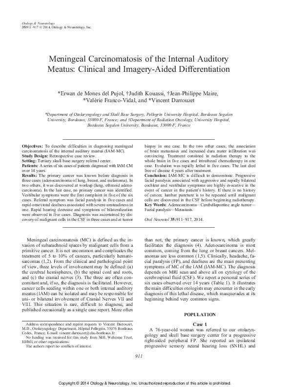 Meningeal Carcinomatosis of the Internal Auditory Meatus