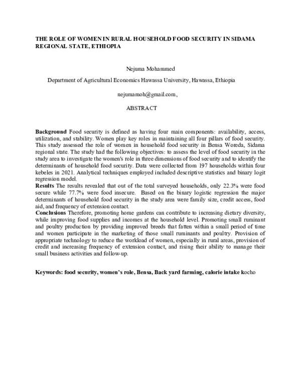 (DOC) THE ROLE OF WOMEN IN RURAL HOUSEHOLD FOOD SECURITY IN SIDAMA ...
