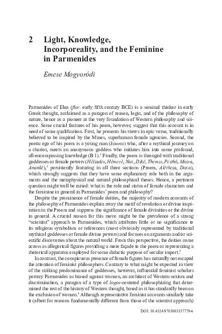 (PDF) Light, Knowledge, Incorporeality, and the Feminine in Parmenides