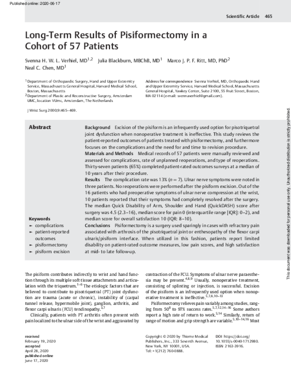 (PDF) Long-Term Results of Pisiformectomy in a Cohort of 57 Patients