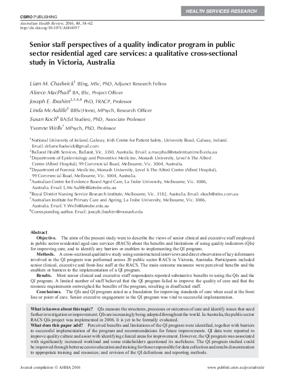 (PDF) Senior staff perspectives of a quality indicator program in ...