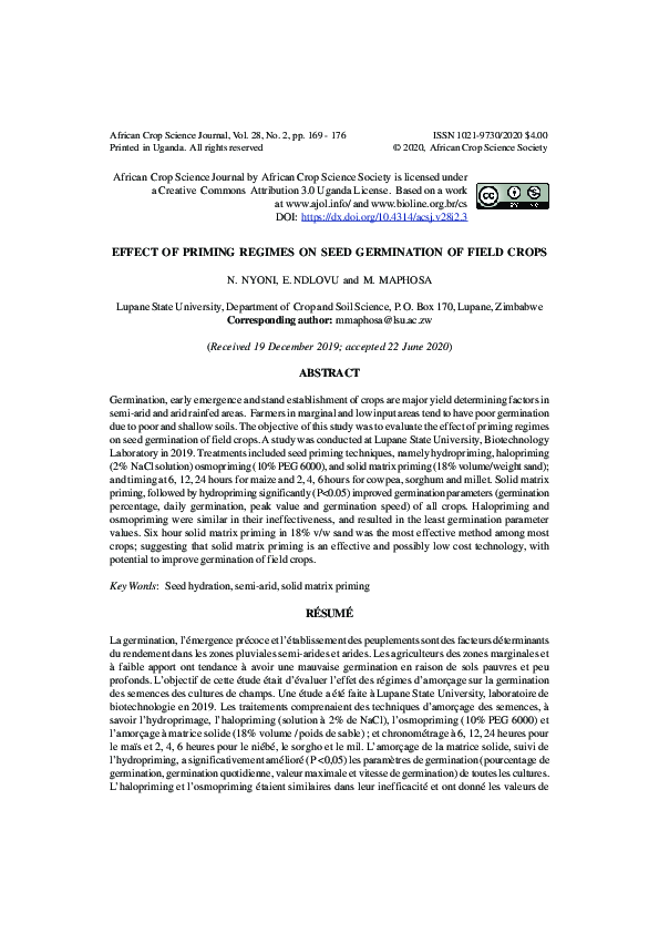 (PDF) Effect of priming regimes on seed germination of field crops