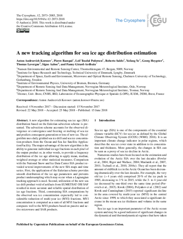 (PDF) A new tracking algorithm for sea ice age distribution estimation