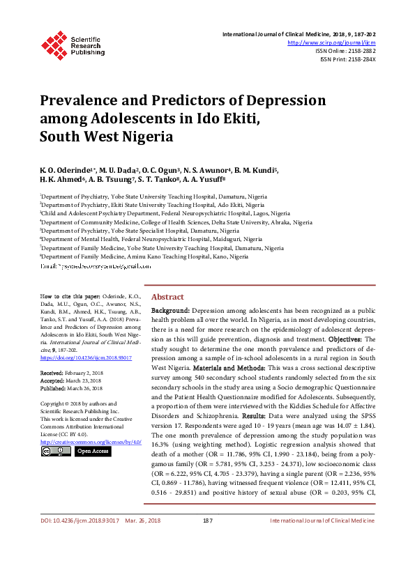 (PDF) Prevalence and Predictors of Depression among Adolescents in Ido ...