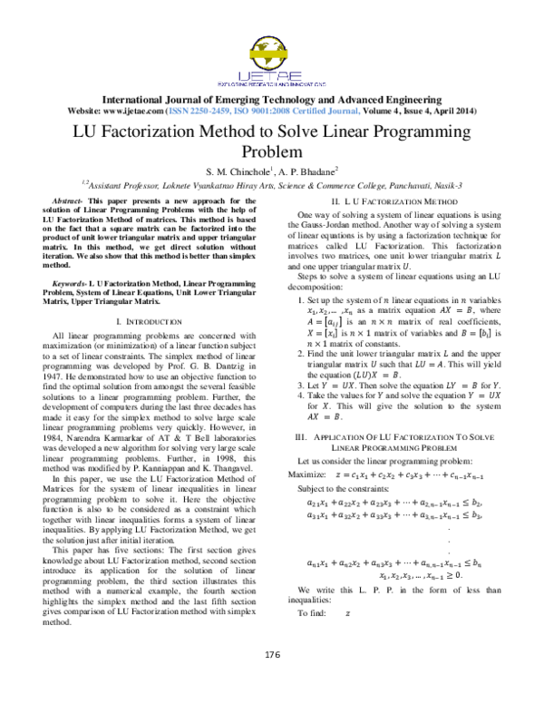 (PDF) LU Factorization Method to Solve Linear Programming Problem
