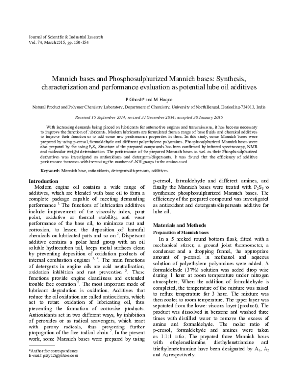(PDF) Mannich bases and Phosphosulphurized Mannich bases: Synthesis ...