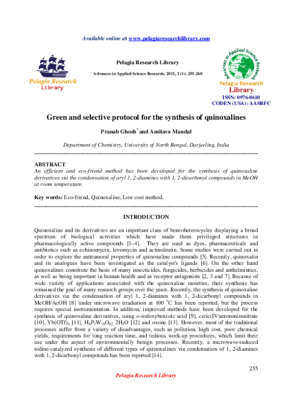 (PDF) Green and selective protocol for the synthesis of quinoxalines