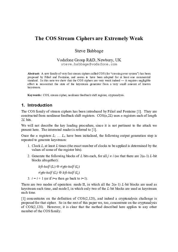 (PDF) The COS Stream Ciphers are Extremely Weak
