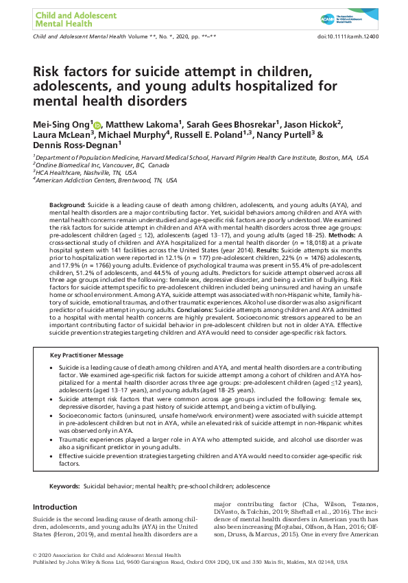 (PDF) Risk factors for suicide attempt in children, adolescents, and ...