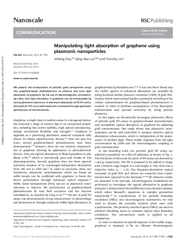 (PDF) Manipulating light absorption of graphene using plasmonic ...