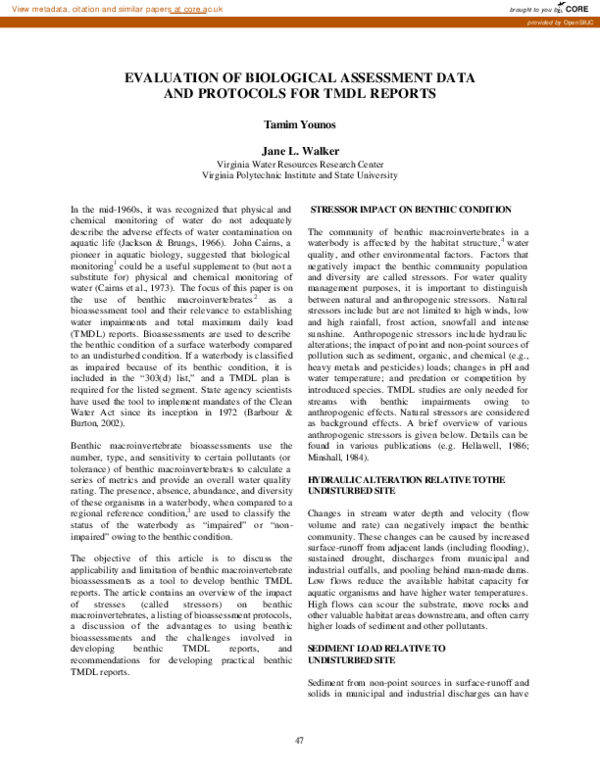 (PDF) Evaluation of Biological Assessment Data and Protocols for TMDL ...