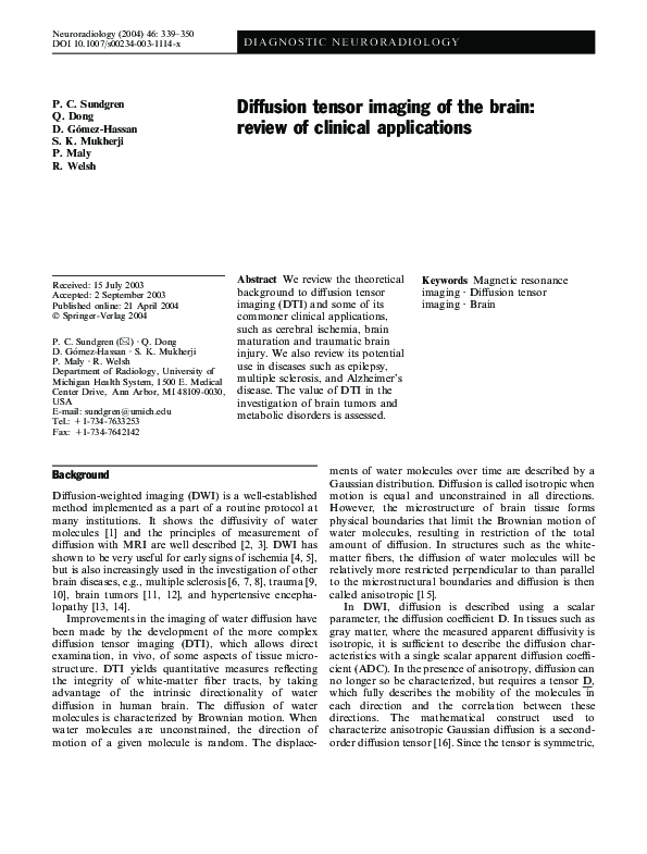 (PDF) Diffusion tensor imaging of the brain: review of clinical ...