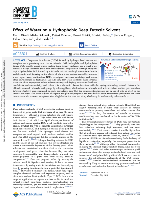 (PDF) Effect of Water on a Hydrophobic Deep Eutectic Solvent