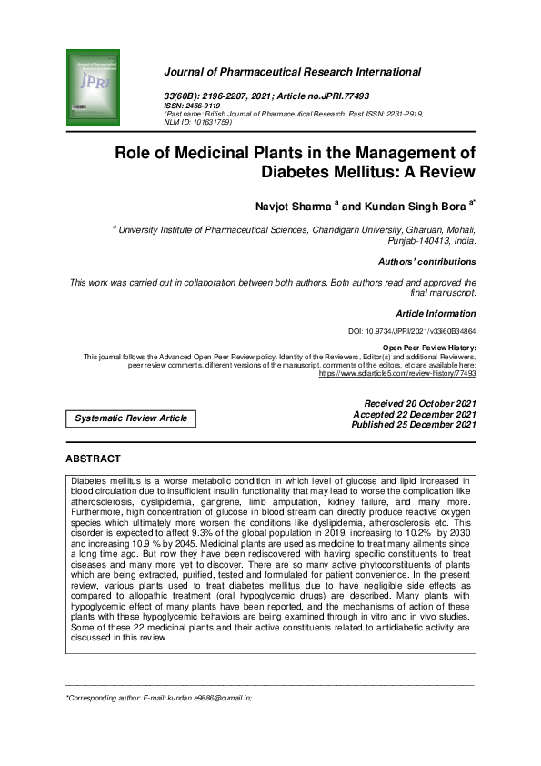 (PDF) Role of Medicinal Plants in the Management of Diabetes Mellitus ...