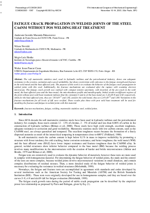 (PDF) Fatigue Crack Propagation in Welded Joints of the Steel CA6NM ...