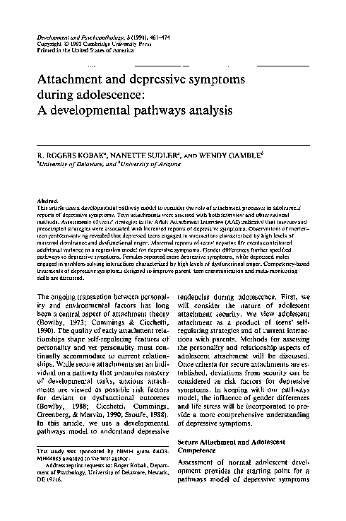 (PDF) Attachment and depressive symptoms during adolescence: A ...