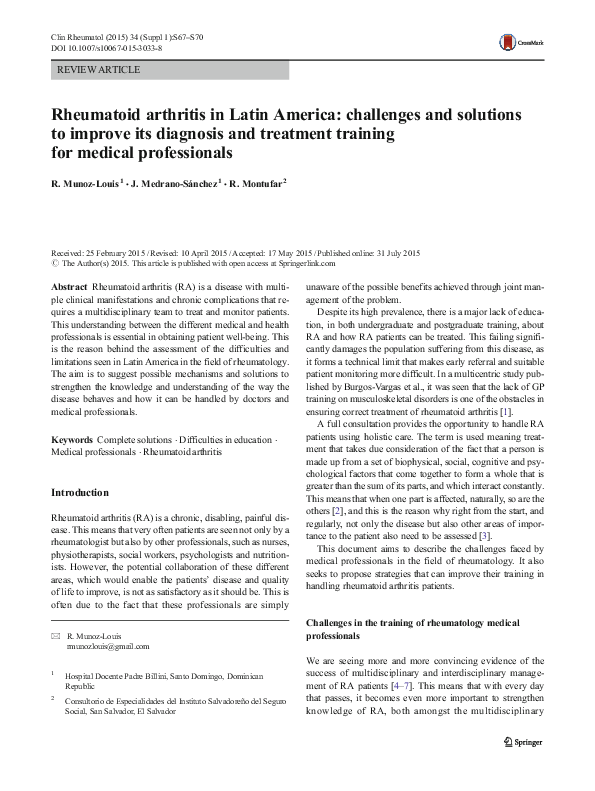 (PDF) Rheumatoid arthritis in Latin America: challenges and solutions ...