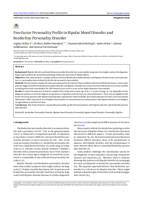 Pdf Five Factor Personality Profile In Bipolar Mood Disorder And