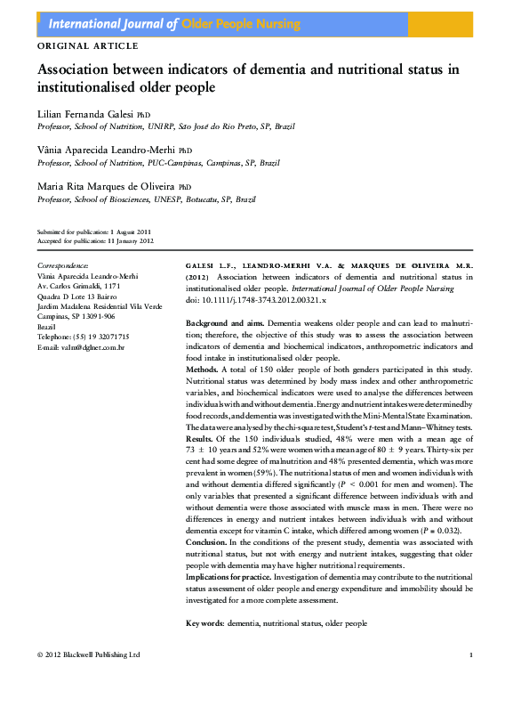 (PDF) Association between indicators of dementia and nutritional status ...
