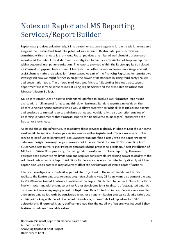 (PDF) Notes on Raptor and Reporting Services