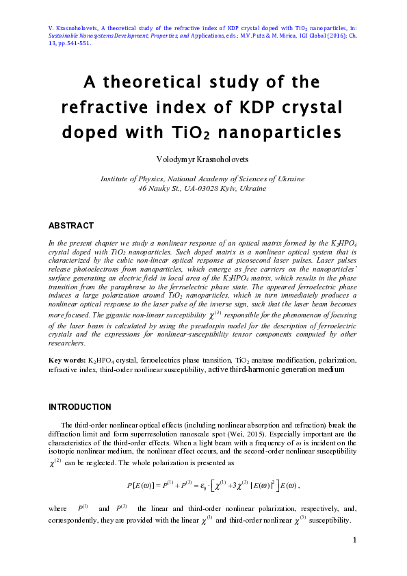 (PDF) A Theoretical Study of the Refractive Index of KDP Crystal Doped