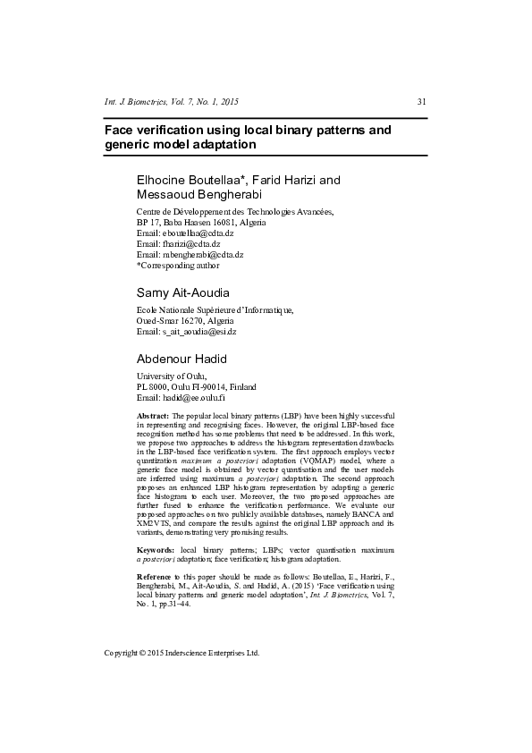(PDF) Face verification using local binary patterns and generic model ...