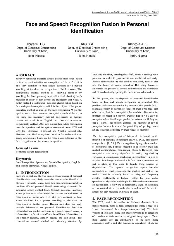 (PDF) Face and Speech Recognition Fusion in Personal Identification