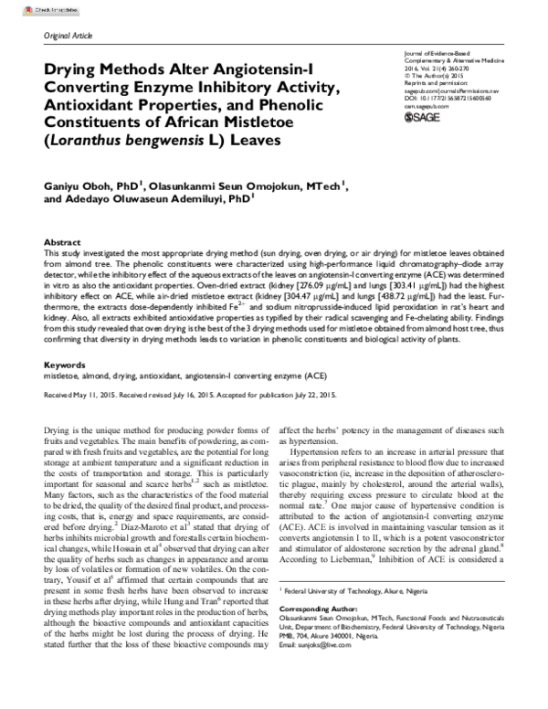 (PDF) Drying Methods Alter Angiotensin-I Converting Enzyme Inhibitory ...