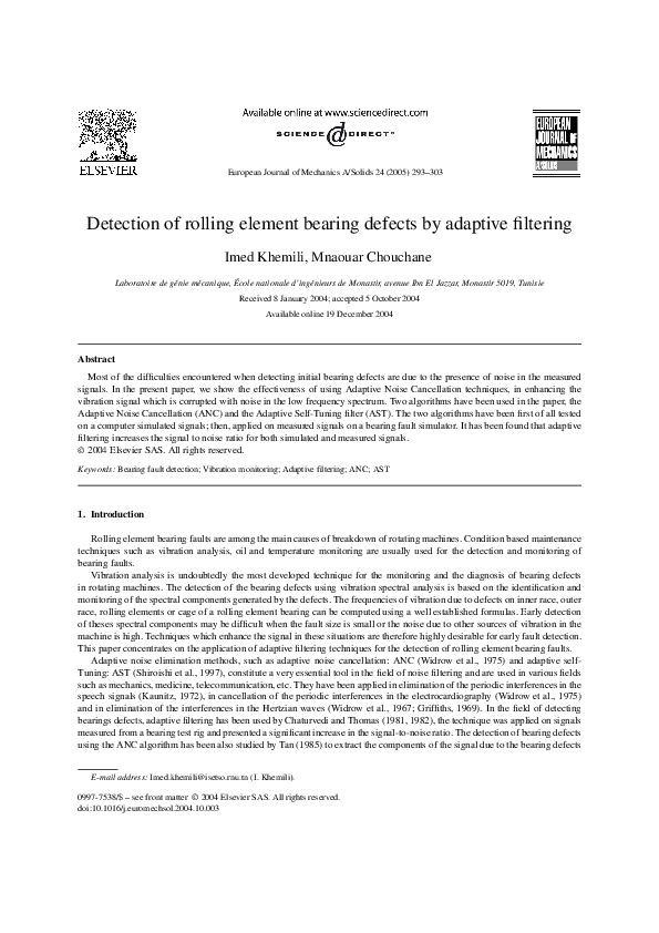 (PDF) Detection of rolling element bearing defects by adaptive filtering