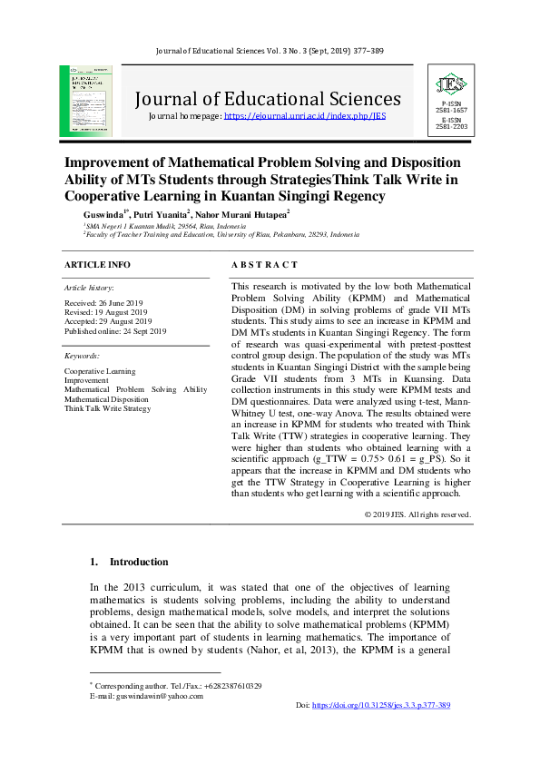 (PDF) Improvement of Mathematical Problem Solving and Disposition ...
