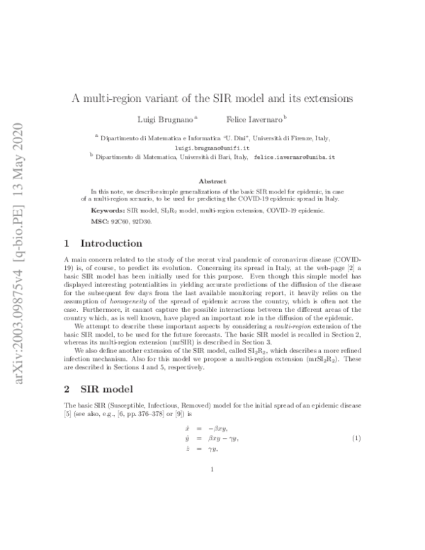 (PDF) A multi-region variant of the SIR model and its extensions