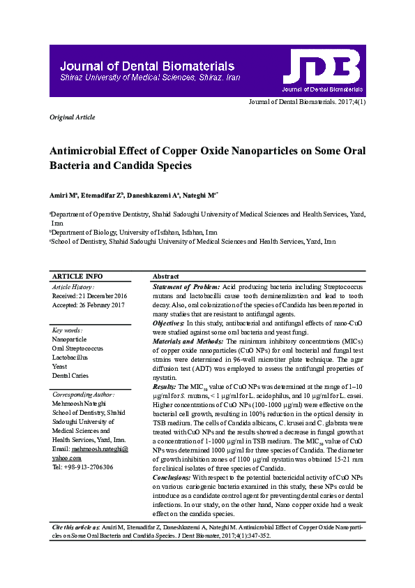 (PDF) Antimicrobial Effect of Copper Oxide Nanoparticles on Some Oral ...