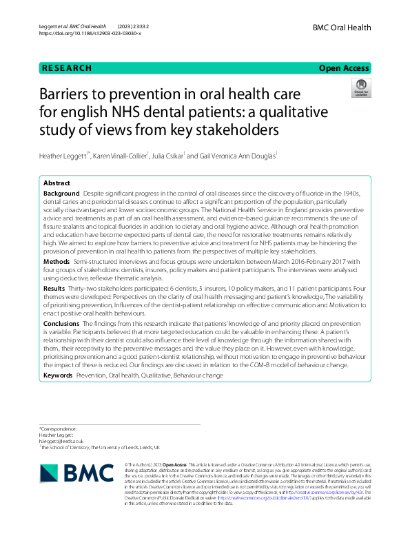 (PDF) Barriers to prevention in oral health care for english NHS dental ...