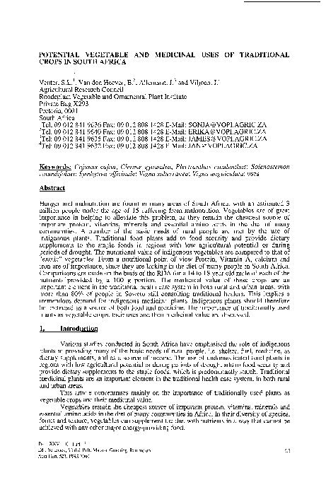 Potential Vegetable and Medicinal Uses of Traditional Crops in South Africa