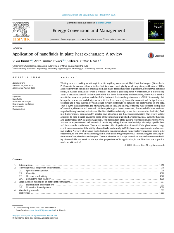 (PDF) Application of nanofluids in plate heat exchanger: A review