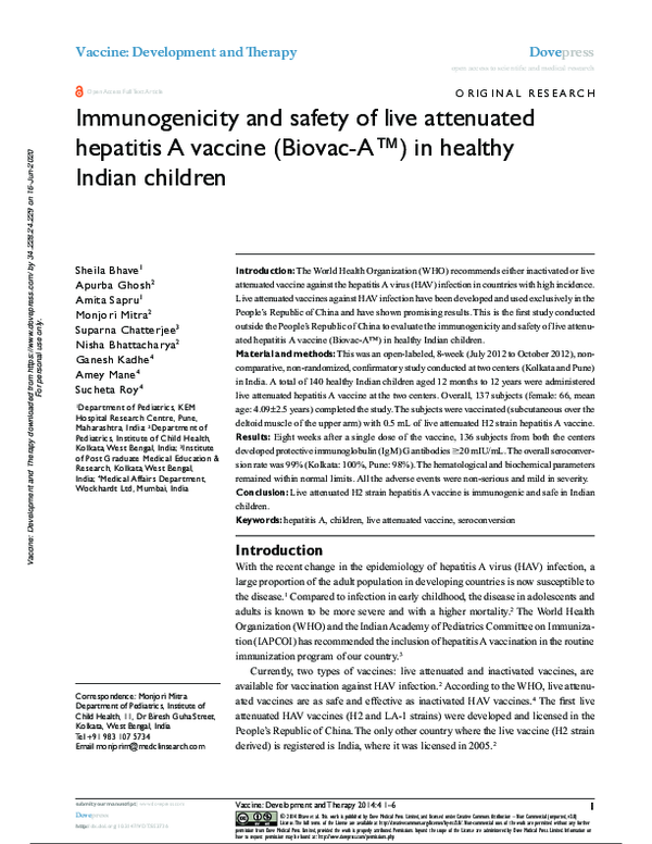 (PDF) Immunogenicity and safety of live attenuated hepatitis A vaccine ...