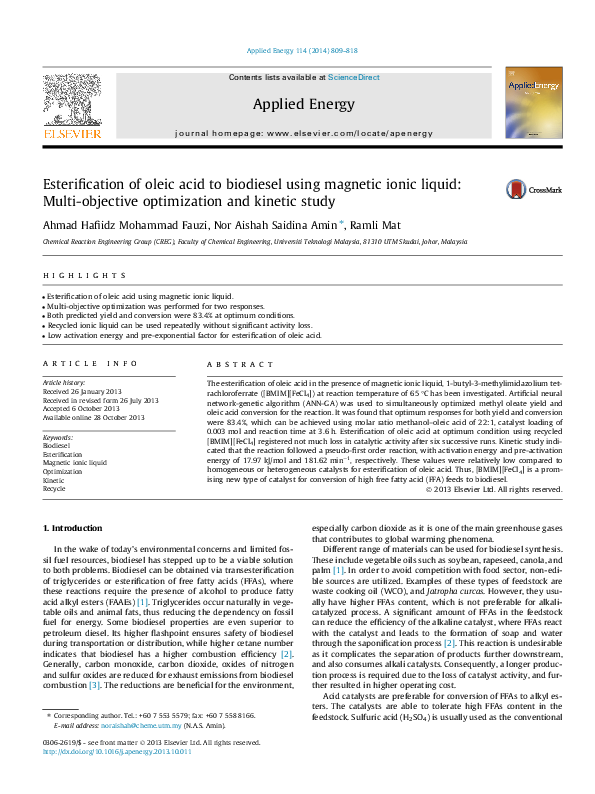 (PDF) Esterification of oleic acid to biodiesel using biowaste‐based ...